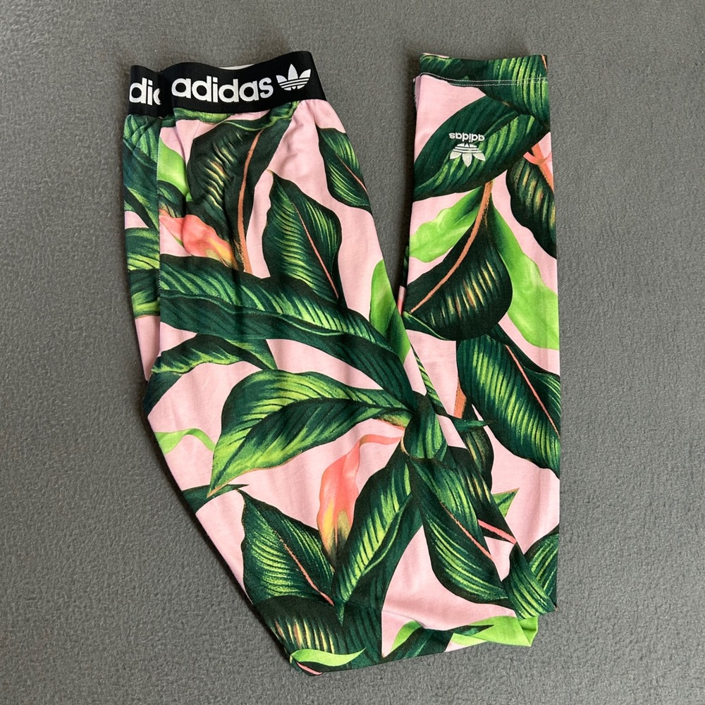 Adidas Leggings Womens S Pink Tropical Palm Leaf Trefoil Logo AJ8154 Tight Fit